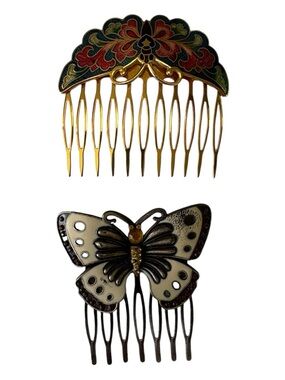 Vintage Gold & Ivory Decorative Hair Combs - Butterfly and Cloisonné Styles